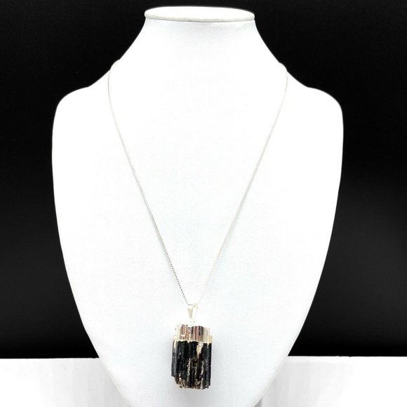 Jewelry - Black Tourmaline Necklace Pendant Raw Rough Stone Crystal Sterling Silver 925
